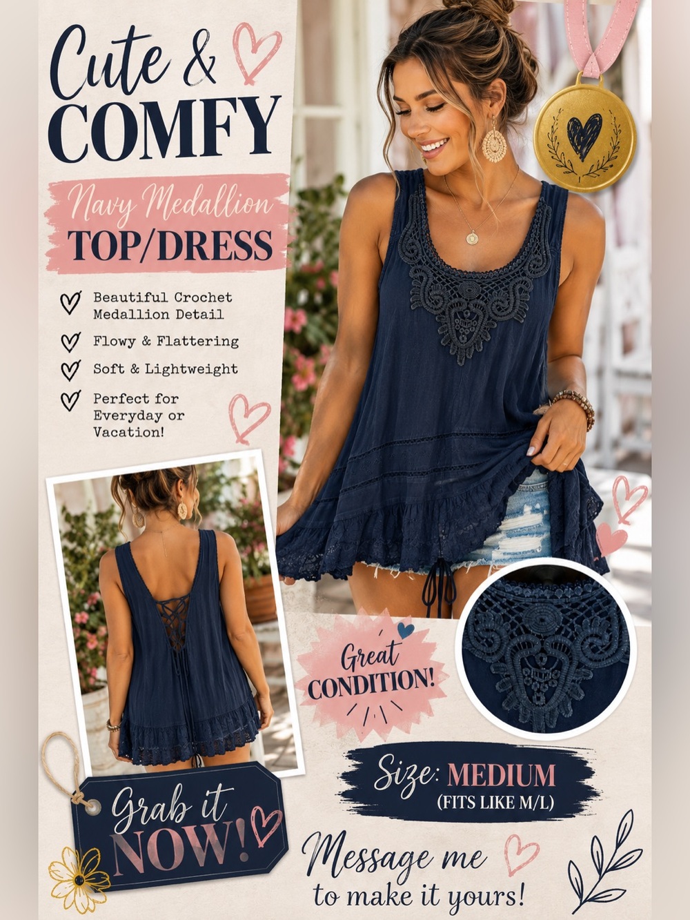 Rebellion Navy Crochet-Front Sleeveless Camisole - Picture 3 of 4